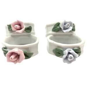 Vintage Porcelain Rose Napkin Rings Set of 4 Floral Pink Blue